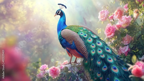 A stunning peacock proudly displays its vibrant plumage amidst an enchanting garden filled with blooming pink roses, creating a serene and colorful atmosphere. 