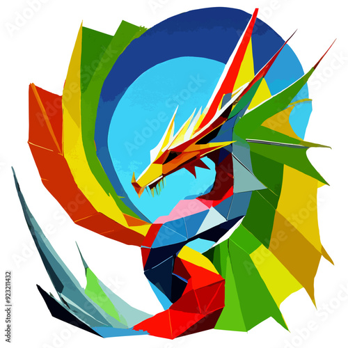  dragón con alas formando una espiral mirando al sol y colores vibrantes