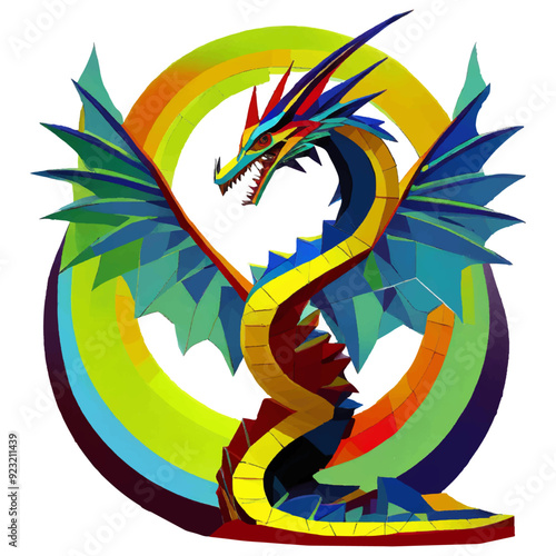 Dragón serpiente, de pie, con simbolo del sol y colores vibrantes