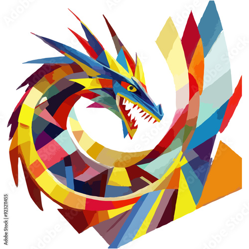 Ilustración de dragón en espiral con colores vibrantes