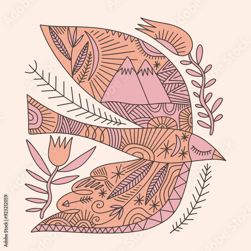 Folk bird tribal boho patterned animal in Scandinavian cottagecore style, floral ornament. Hygge, lagom and fika lifestyle philosophy concept. Swedish or Finnish stylized folklore animalistic drawing