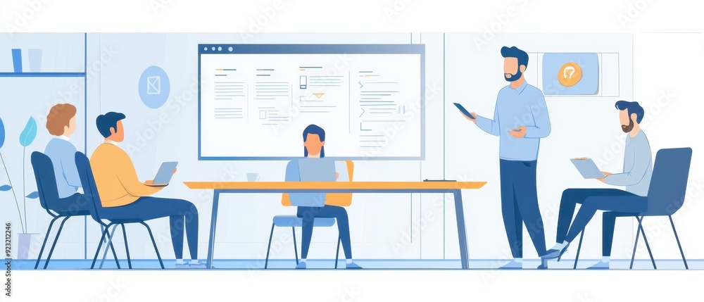 Startup founder presenting innovative ideas to a team in a sleek conference room Startup founder presenting innovative ideas to a team in a sleek conference room