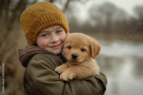 Boy playing with puppy
