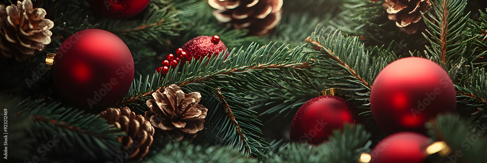 Frame of Christmas tree branches and decorations Frame of Christmas tree branches and decorations