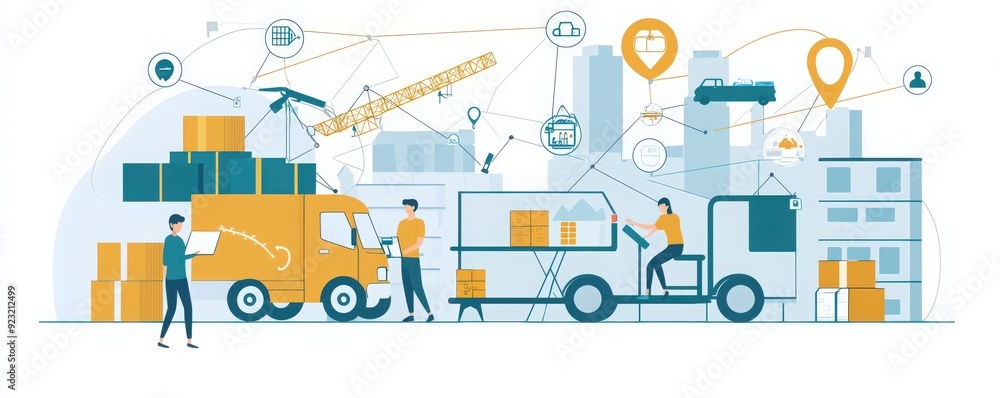 Illustration of a logistics scene with trucks, workers, and shipping boxes in a city environment, showcasing transportation and delivery. Illustration of a logistics scene with trucks, workers, and shipping boxes in a city environment, showcasing transportation and delivery.