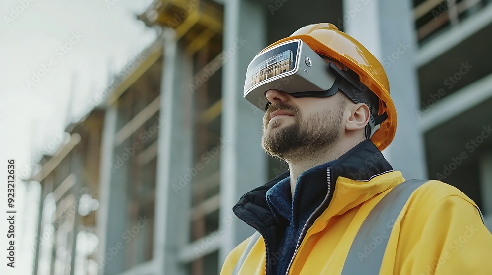 A construction worker using augmented reality glasses to visualize a building's design on site. A construction worker using augmented reality glasses to visualize a building's design on site.