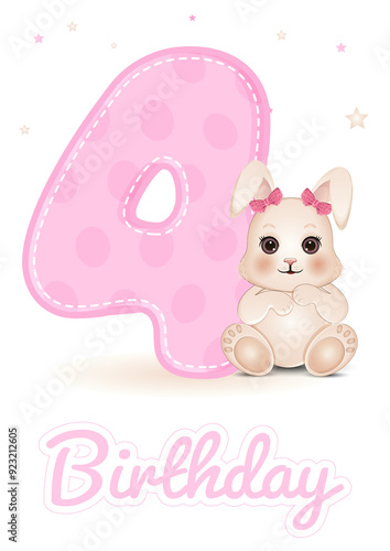 Cute baby shower card with number 4 and bunny. Birthday card. Vector illustration.