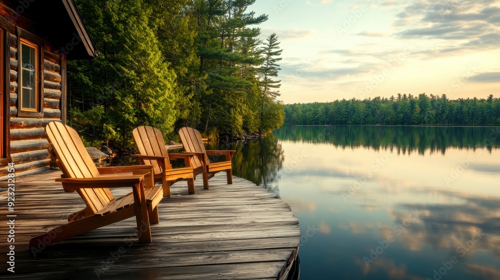 Relaxing wooden chairs invite contemplation by a peaceful lakeside as the sun sets behind lush trees, reflecting on calm waters Relaxing wooden chairs invite contemplation by a peaceful lakeside as the sun sets behind lush trees, reflecting on calm waters