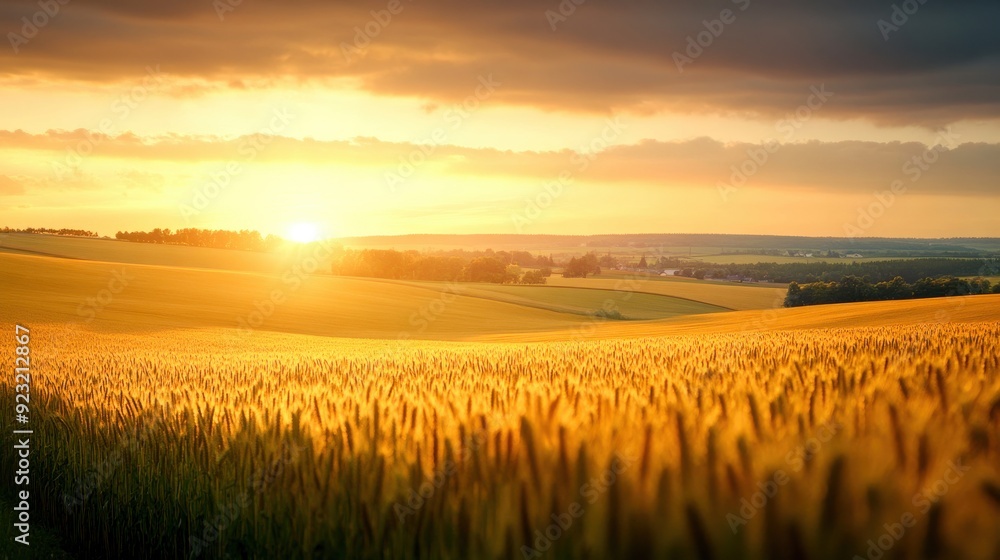 Wheat fields glow golden as the sun sets, casting long shadows and creating a peaceful atmosphere in the countryside Wheat fields glow golden as the sun sets, casting long shadows and creating a peaceful atmosphere in the countryside