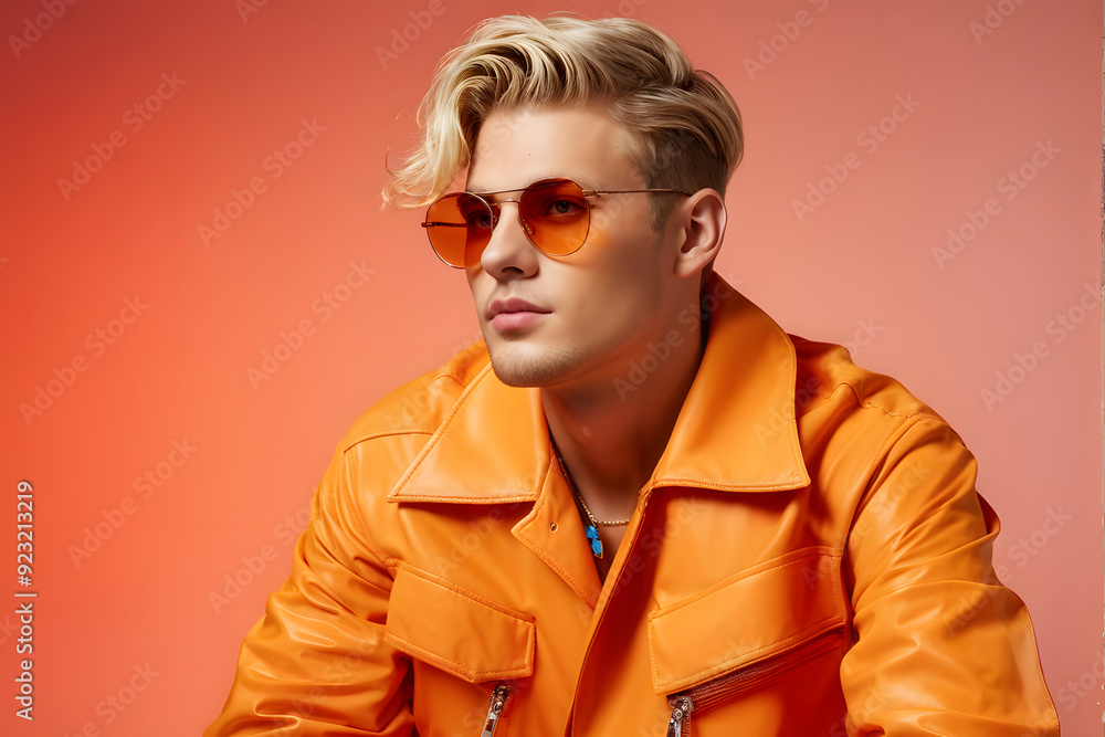 A man in an orange jacket and sunglasses is sitting on a red background A man in an orange jacket and sunglasses is sitting on a red background