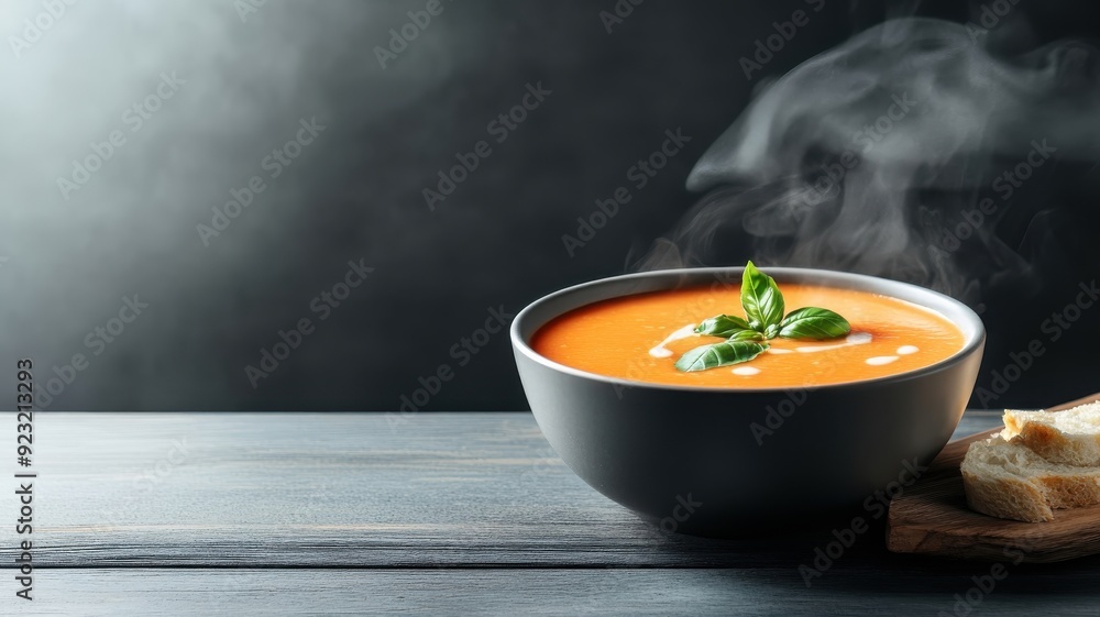 Dramatic chiaroscuro image of steaming tomato basil soup. Dramatic chiaroscuro image of steaming tomato basil soup.