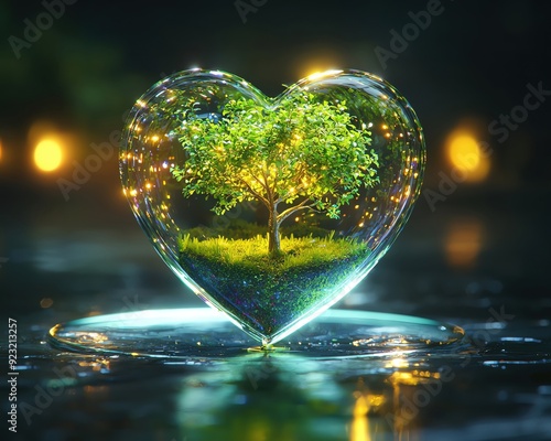 AI and green tech, A Podium a futuristic hologram of a green heart with small tree made from glowing light inside, on eco background