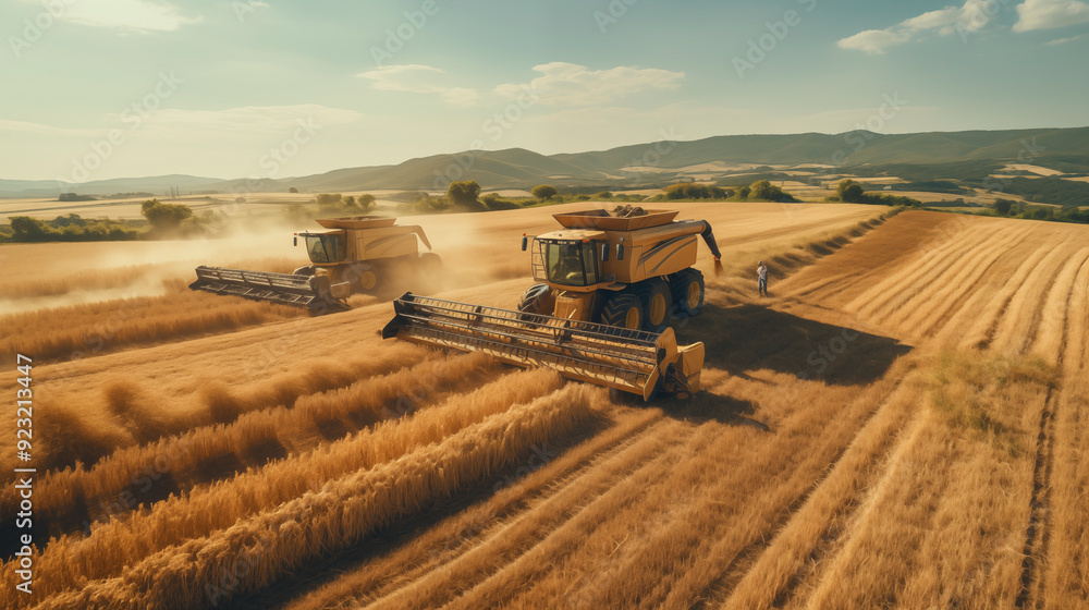 Fototapeta premium Grain field is harvested with a combine harvester in summer