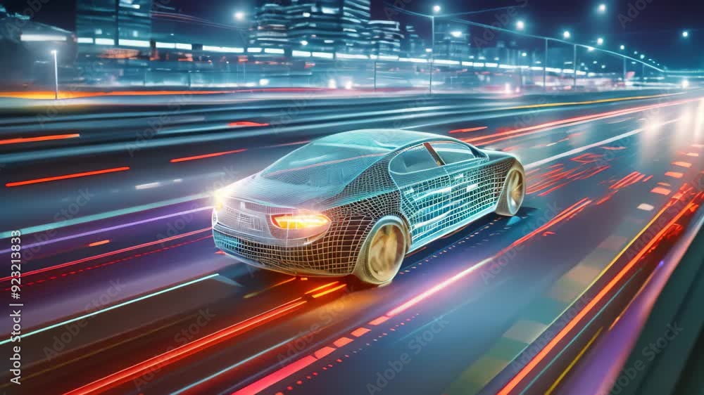 A car navigates busy city streets under the dark night sky, illuminated by vibrant city lights, Virtual cars navigating lanes of information A car navigates busy city streets under the dark night sky, illuminated by vibrant city lights, Virtual cars navigating lanes of information