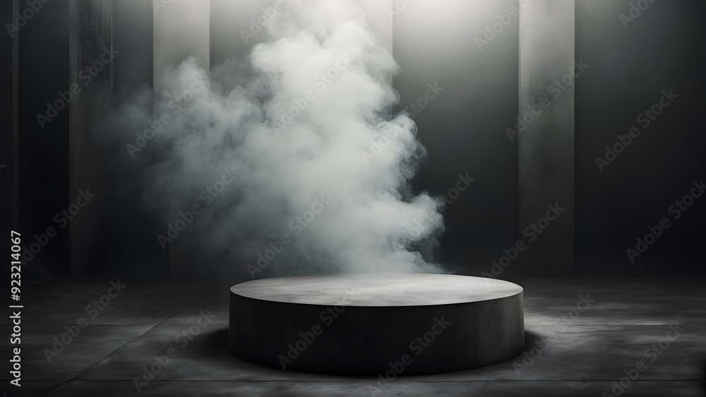 A smoke filled room with a large circular pedestal in the center A smoke filled room with a large circular pedestal in the center