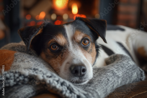 Dog luying down at the front of the fireplace photo