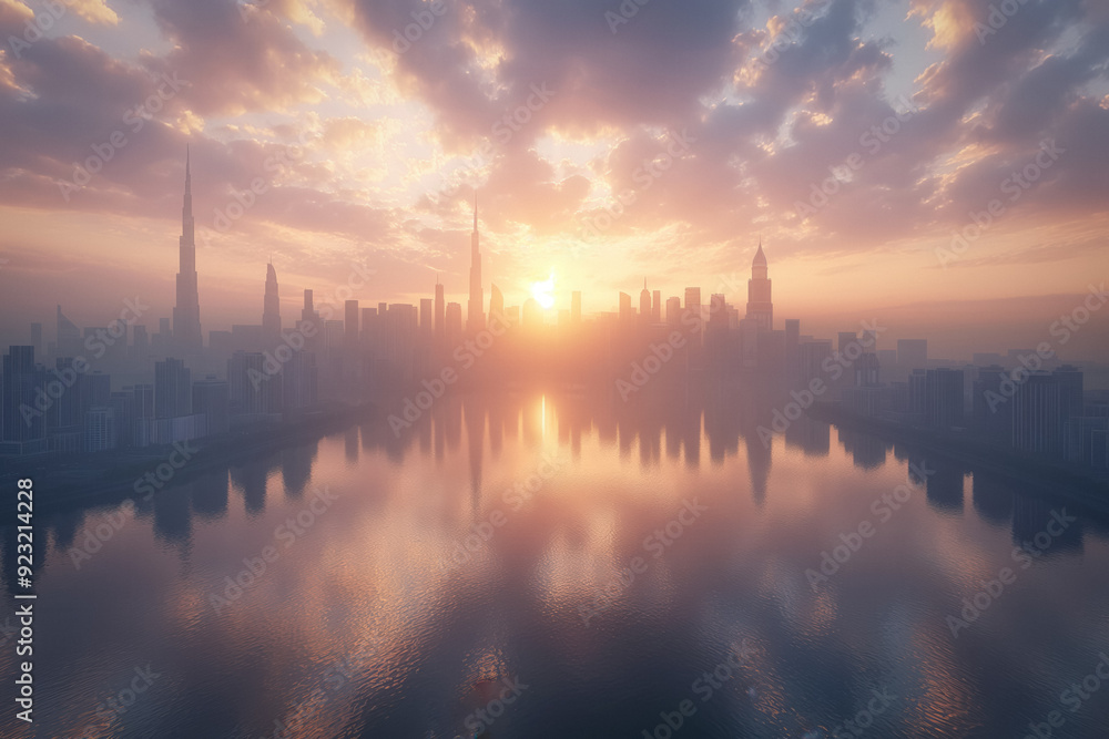 Fototapeta premium Dubai city 3D concept background showcasing the stunning city center skyline with luxury skyscrapers at sunrise, United Arab Emirates.