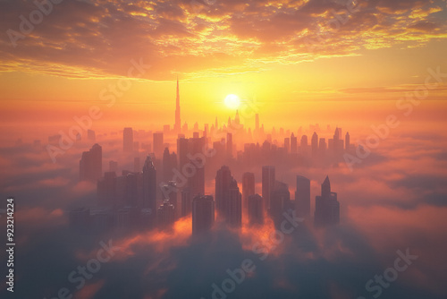 Dubai city 3D concept background showcasing the stunning city center skyline with luxury skyscrapers at sunrise, United Arab Emirates.