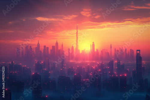 Dubai city 3D concept background showcasing the stunning city center skyline with luxury skyscrapers at sunrise, United Arab Emirates.