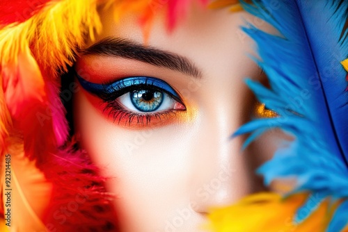 An artist showcases bold eye makeup framed by vivid feathers, celebrating color and creativity in a captivating display of beauty