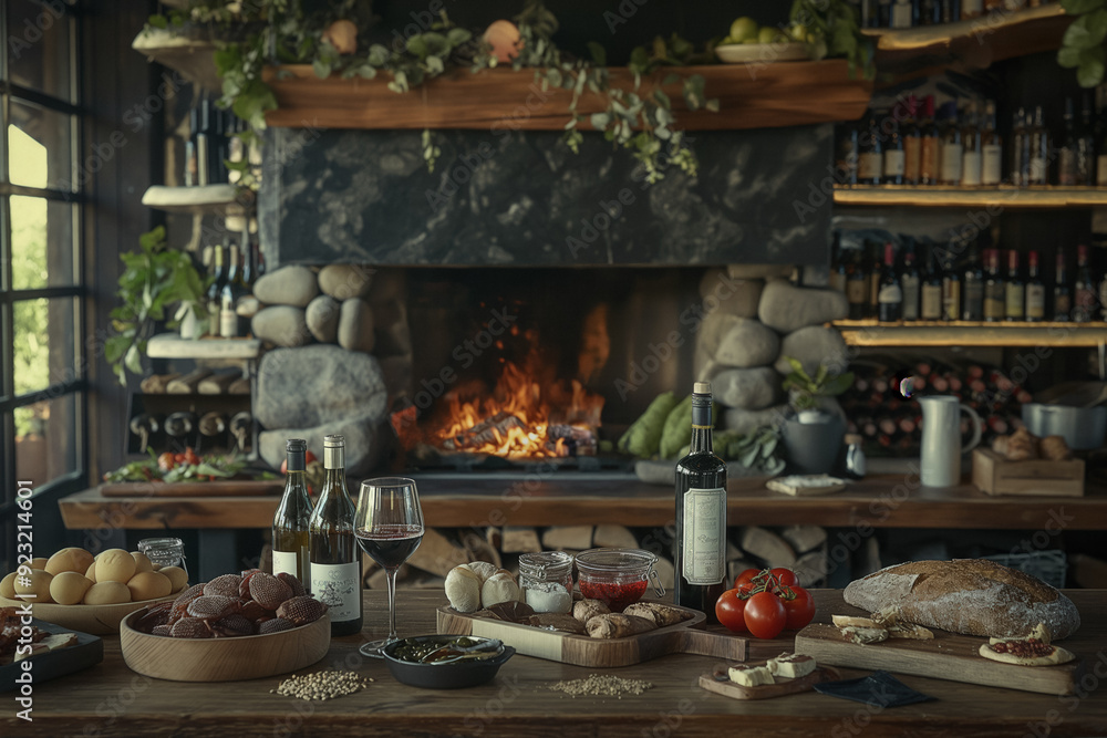 Fototapeta premium Fireplace and a lot of food behind