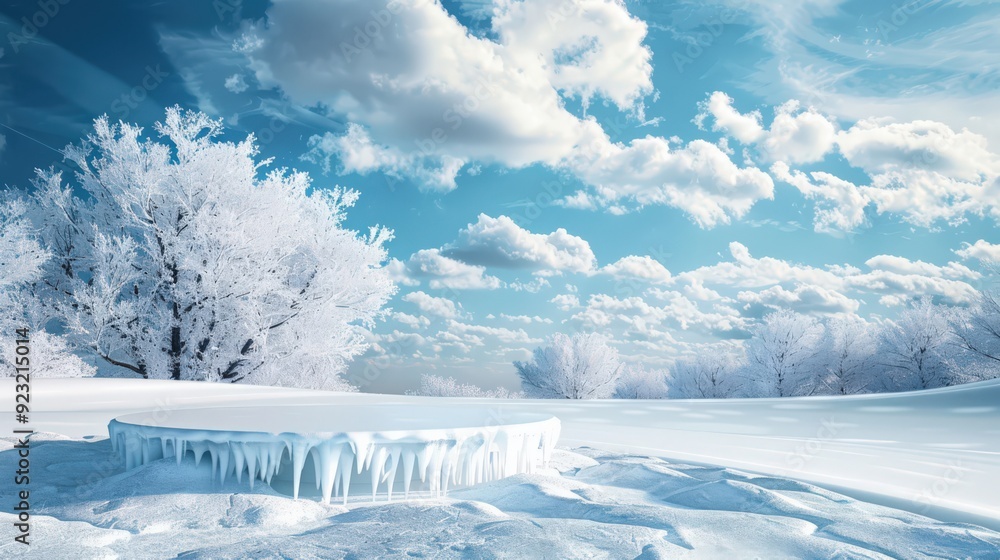 A snowy landscape with a frozen pond and a tree covered in ice A snowy landscape with a frozen pond and a tree covered in ice