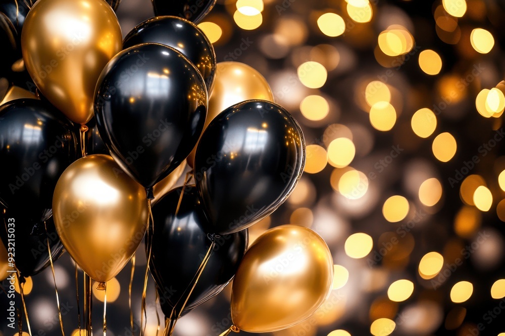 Balloons in black and gold float gracefully, creating a vibrant atmosphere illuminated by warm, sparkling lights Balloons in black and gold float gracefully, creating a vibrant atmosphere illuminated by warm, sparkling lights