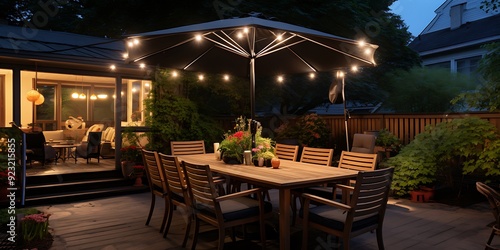 beautiful Patio With a black outdoor Dining set and white and black stripe umbrella , rattan wood chairs , and string lights hanging.