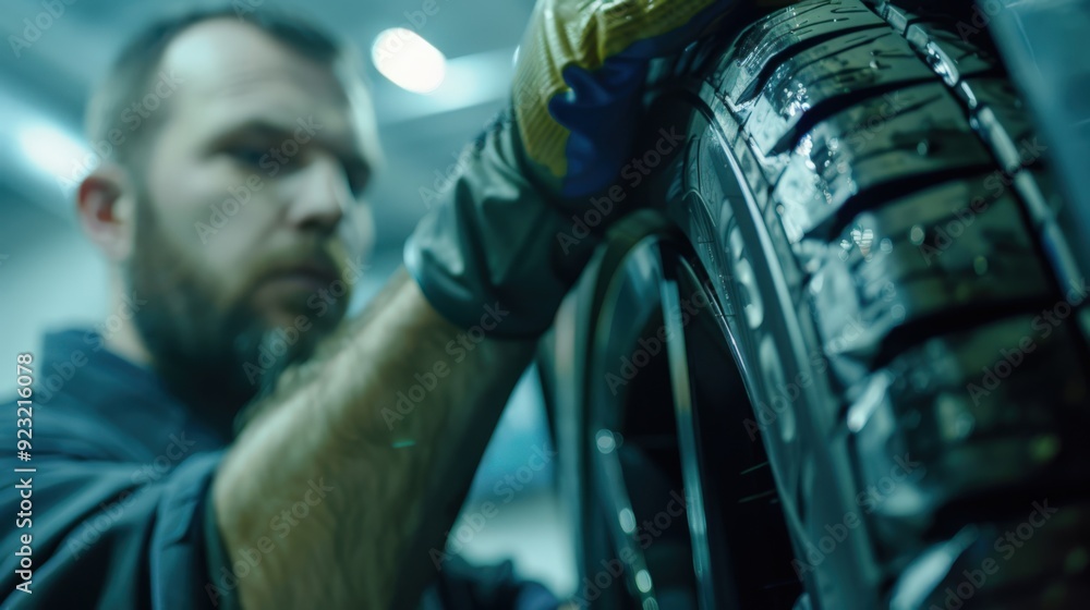 A man is working on a tire, wearing gloves A man is working on a tire, wearing gloves