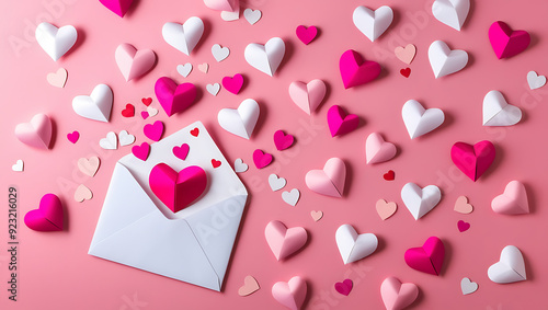 Valentine's Day or Anniversary concept with paper Hearts And Envelope Background with Copy Space