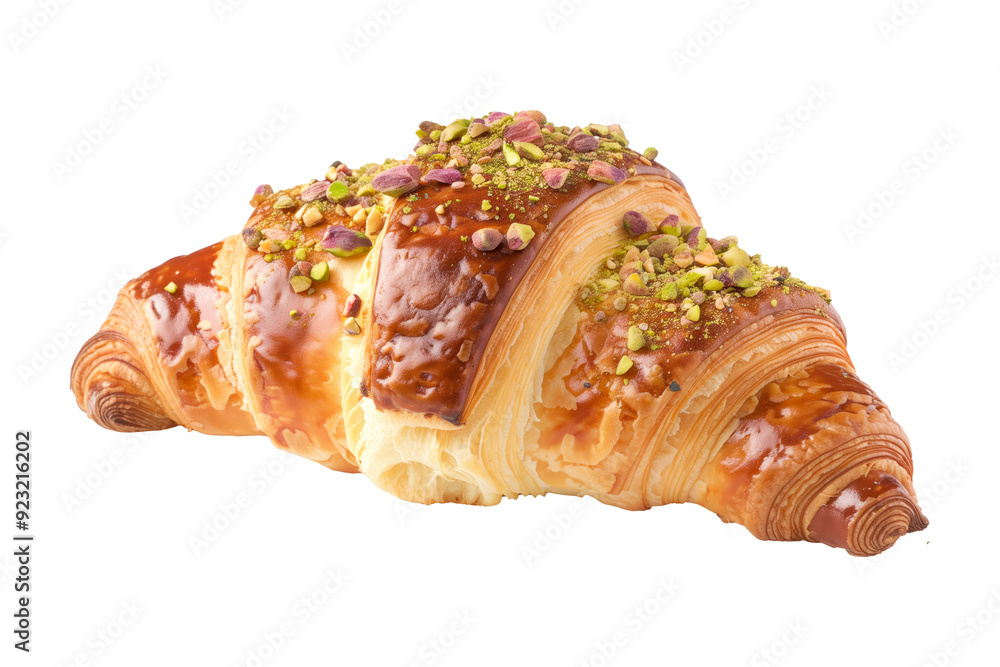 Croissant filled with creamy pistachio, topped with chopped pistachios and drizzled with sweet syrup isolated on white transparent background, making for breakfast or a sweet snack Croissant filled with creamy pistachio, topped with chopped pistachios and drizzled with sweet syrup isolated on white transparent background, making for breakfast or a sweet snack