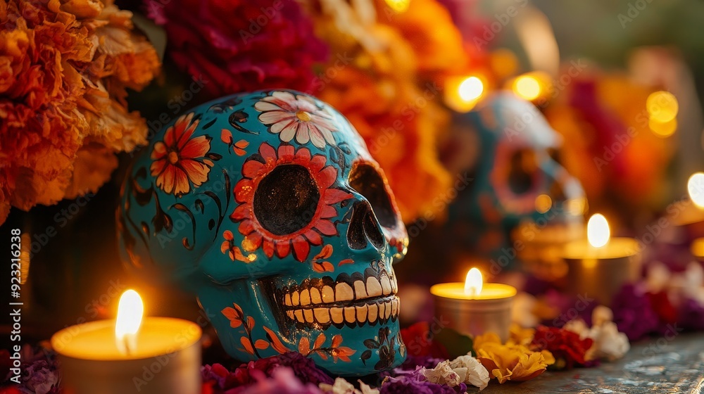 Day of the Dead altar with colorful sugar skulls and candles, vibrant and festive Day of the Dead altar with colorful sugar skulls and candles, vibrant and festive