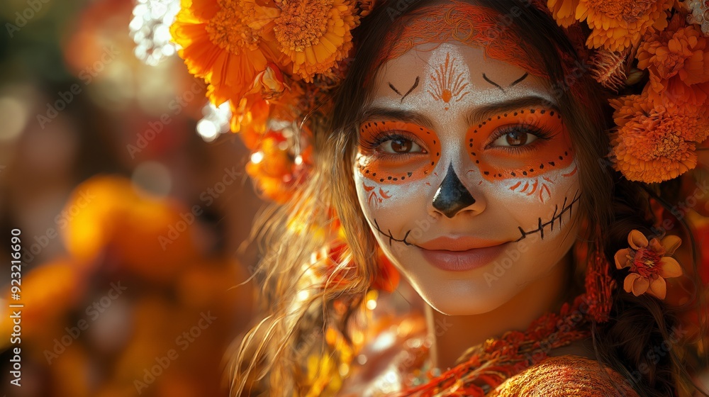 Close-up of a young woman with intricate Dia de los Muertos face paint and a crown of marigold flowers, embodying the festive spirit and cultural significance of the Day of the Dead celebration Close-up of a young woman with intricate Dia de los Muertos face paint and a crown of marigold flowers, embodying the festive spirit and cultural significance of the Day of the Dead celebration