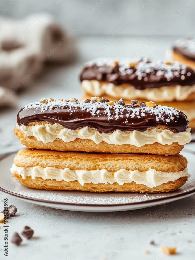 Eclairs are a delicious sweet food. dessert with cream and chocolate. cake filled with custard milk cream and whipped cream. light background, sunlight, copy space. Eclairs are a delicious sweet food. dessert with cream and chocolate. cake filled with custard milk cream and whipped cream. light background, sunlight, copy space.