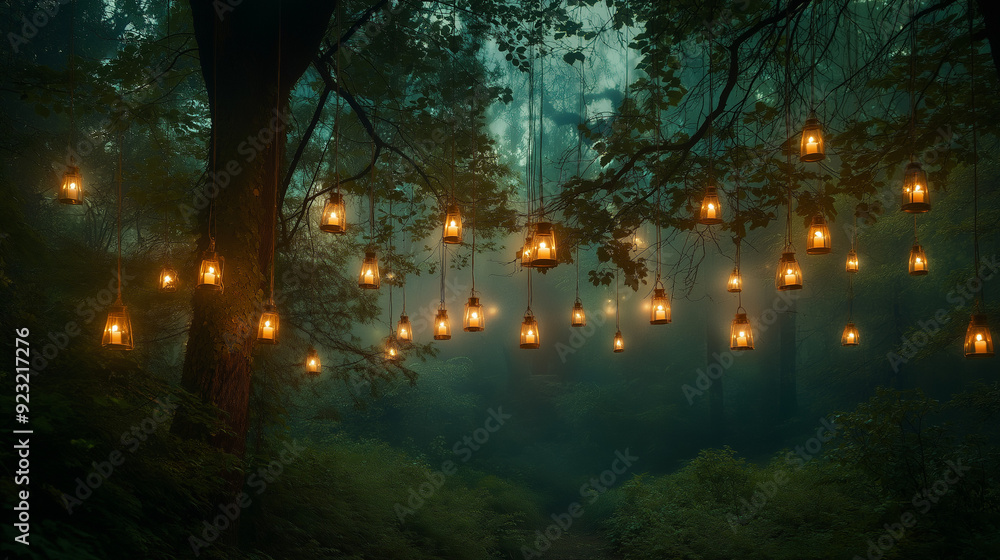 Fototapeta premium forest decorated with lights in the night