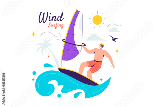 Vector Illustration of Windsurfing with a Person Standing on a Sailing Boat, Holding the Sail, in an Extreme Water Sport in Flat Cartoon Background