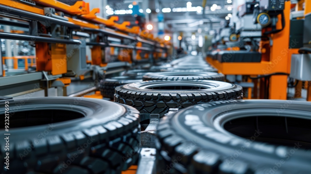 Fototapeta premium A conveyor belt is filled with tires