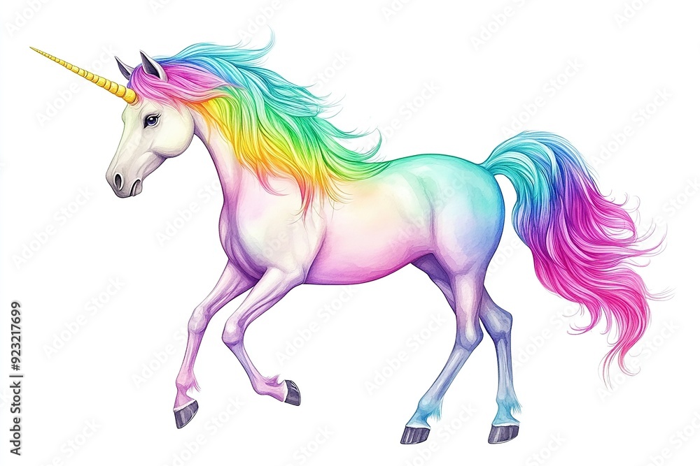 Naklejka premium Colorful unicorn illustration with a vibrant rainbow mane and tail, prancing gracefully on a white background