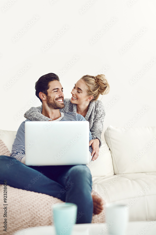 Happy couple, space or laptop for bonding, choice or movie streaming online on sofa in living room. Home, internet or people relax on social network app, digital website or technology for mockup Happy couple, space or laptop for bonding, choice or movie streaming online on sofa in living room. Home, internet or people relax on social network app, digital website or technology for mockup