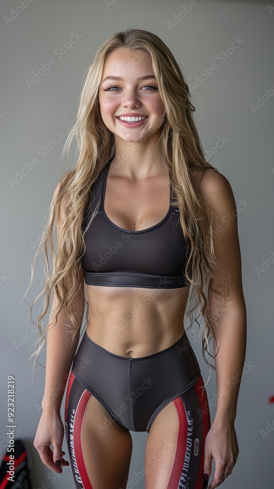 Fototapeta premium Confident Slavic Female Rowing Athlete in Uniform Smiling with Dynamic Pose on White Background, Generative Ai