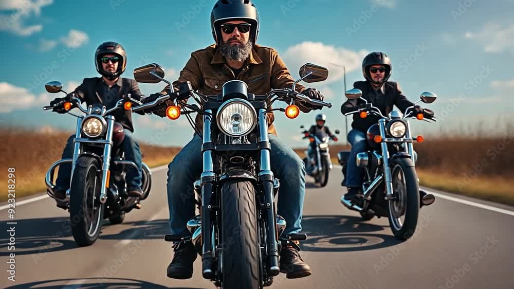 On the road, a group of motorbike motorcyclists riding cruiser-choppers. On the road, a group of motorbike motorcyclists riding cruiser-choppers.