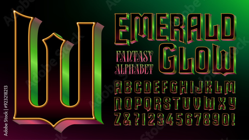 A fantasy style font with metallic reflections in emerald green and magenta. photo