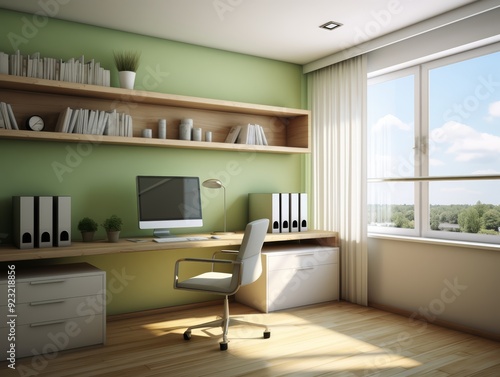 A modern home office with a desk, a computer, a chair, shelves, and a window overlooking trees.