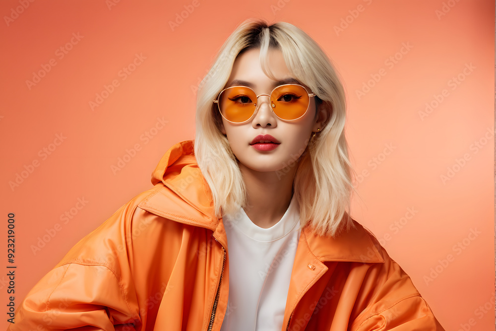 A woman in an orange jacket and white shirt is wearing yellow sunglasses A woman in an orange jacket and white shirt is wearing yellow sunglasses