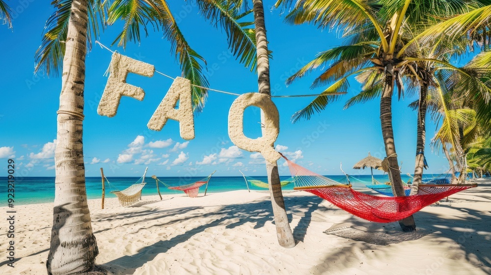 custom made wallpaper toronto digitalSunny tropical beach with palm trees and hammocks, vibrant and inviting; with the letters "FAQ" written written in sandy textured letters.