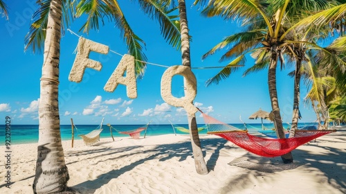 Sunny tropical beach with palm trees and hammocks, vibrant and inviting; with the letters 