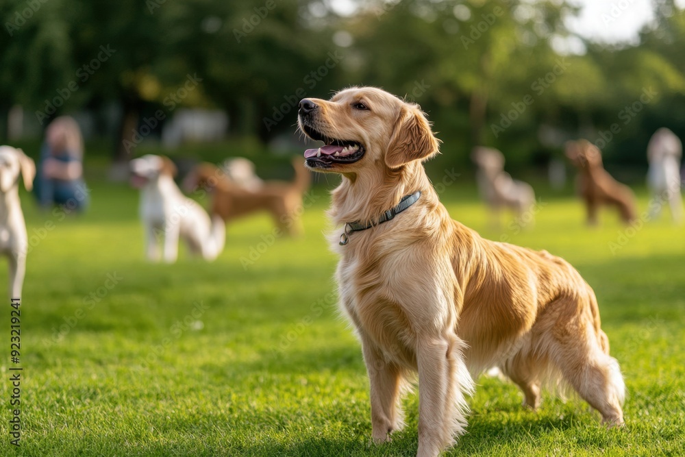 A Golden Retriever barks at a group of dogs in a park, engaging in socialization through play and interaction on a sunny day. A Golden Retriever barks at a group of dogs in a park, engaging in socialization through play and interaction on a sunny day.