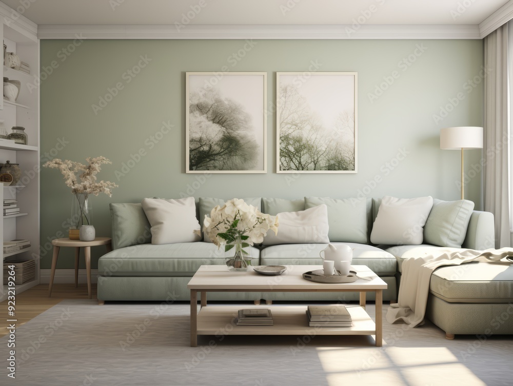 A modern living room with a green sofa, two framed pictures of trees, a coffee table, and a side table with flowers. A modern living room with a green sofa, two framed pictures of trees, a coffee table, and a side table with flowers.