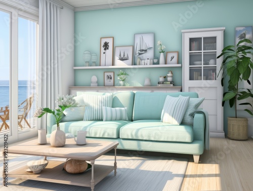 A modern living room with a light blue sofa, wooden coffee table, and a view of the ocean.