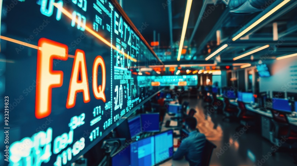Financial trading floor with screens displaying data; with the letters Financial trading floor with screens displaying data; with the letters